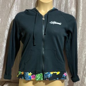 Island Design Zip Up Jacket w/Hoodie Long Sleeve Black Floral Print L "Hawaii"